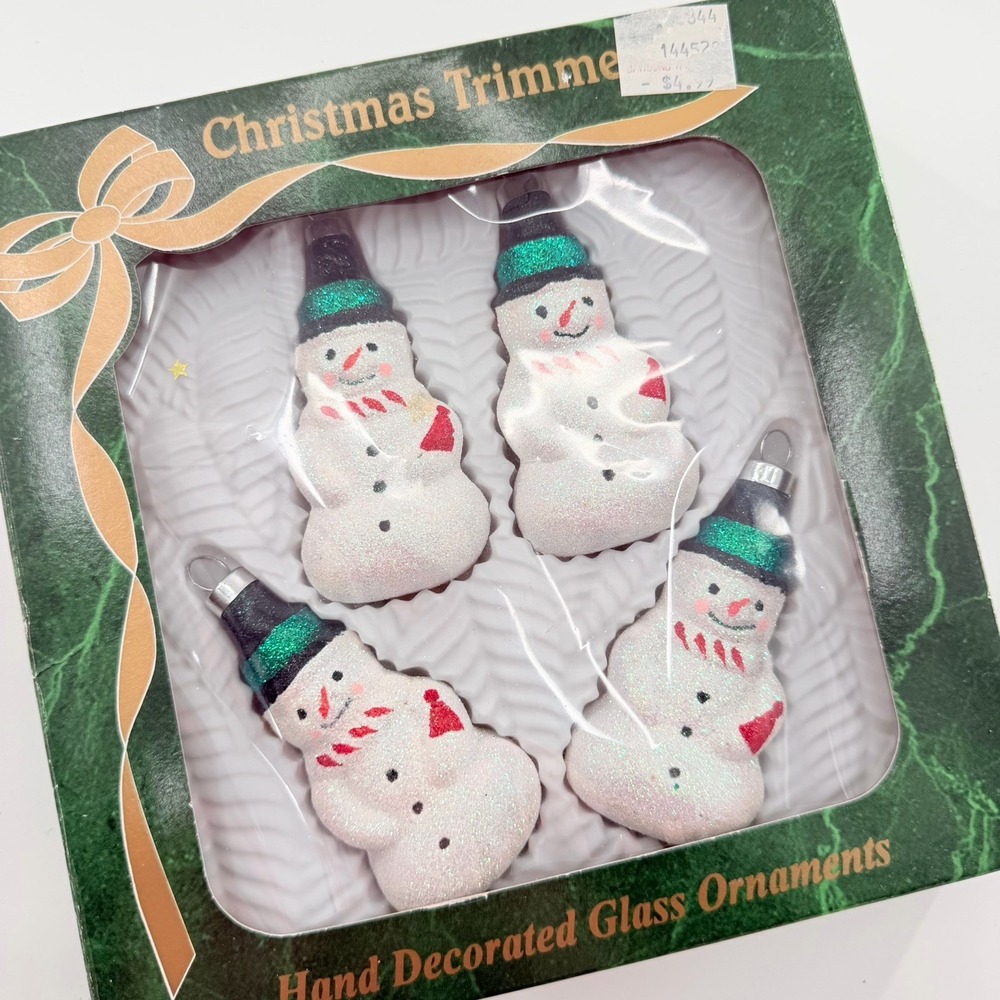 Glass Ornaments Bradford Christmas Trimmeries Glitter Snowmen Set of 4 Vintage